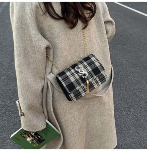 Close-up of black and white plaid tweed bag with gold tassel and silver logo detail