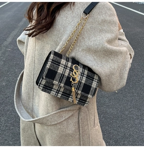 Detail of plaid crossbody bag with gold chain strap and stylish tassel fringe pendant