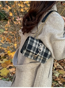 Detail of checkered shoulder bag with golden chain strap and stylish metal buckle
