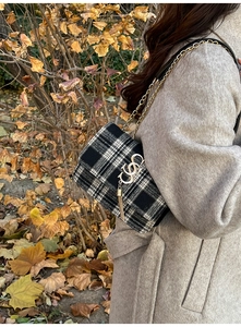 Detail of checkered tweed chain bag with gold logo and tassel on model shoulder