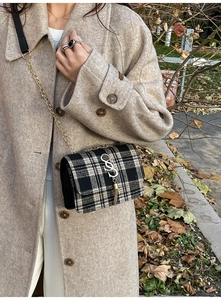 Detail of checkered plaid crossbody bag with metal S-buckle and elegant tassel charm