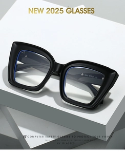 Macro view of thick PC square glasses frame with blue accent line and silver hinges