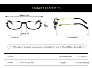 Detailed size chart for unisex square frame glasses including frame width and temple length