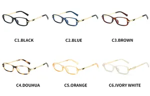 Collection of rectangle glasses frames in black, blue, tortoise, and ivory white colors
