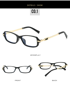 Detailed three-way view of square black and gold frames with anti-blue light lenses