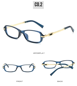 Detailed views of blue translucent square frame glasses with golden metal temples