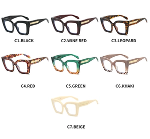 Detailed grid of oversized square PC glasses frames in seven colors with gold accents