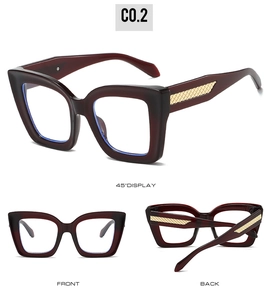 Detailed views of chunky oversized square glasses with woven gold metal temple accents