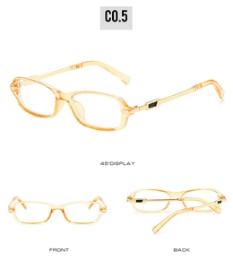 Three-way view of champagne gold and amber folding glasses with 45 degree display
