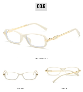 Three perspectives of cream rectangle glasses featuring structured golden metal temples