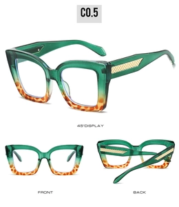 Three-way view of oversized square glasses with green-to-orange gradient and gold metal inlay