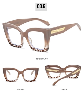 Detail views of oversized square glasses frames with leopard print and gold metal accents