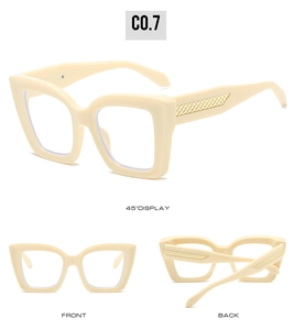 Detailed views of cream square glasses frame with gold braided texture on temples