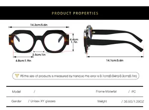 Size chart for oversized polygonal glasses showing precise frame dimensions and PC material