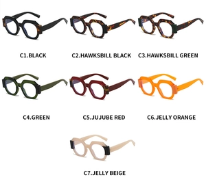Detailed grid of oversized polygonal eyeglasses available in seven distinct trendy colors