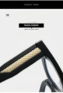 Detailed close-up of glossy black PC eyeglass frame featuring golden diamond texture temples