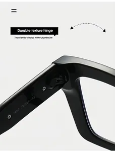 Detail view of durable metal hinge and size parameters on black square frame glasses