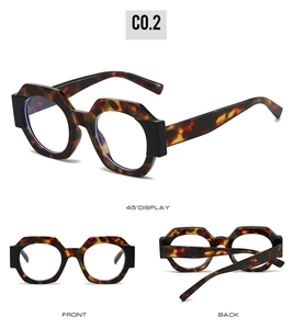 Three views of geometric tortoise shell glasses with wide black temples in C0.2 color