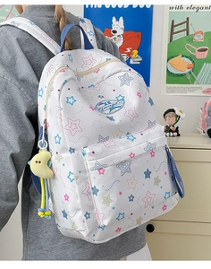 Close-up of white waterproof backpack with star pattern and cute plush moon charm