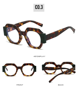 Detailed views of tortoise shell octagonal glasses with green hinge accents