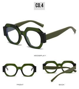 Detailed multi-angle views of oversized octagonal dark green thick frame fashion glasses