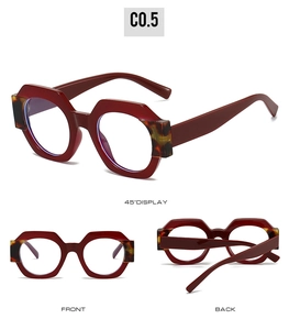 Detailed views of burgundy geometric hexagonal eyeglasses with tortoiseshell temple accents