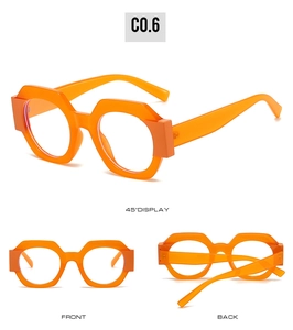 Three-view display of orange hexagonal oversized glasses frames showing front and back