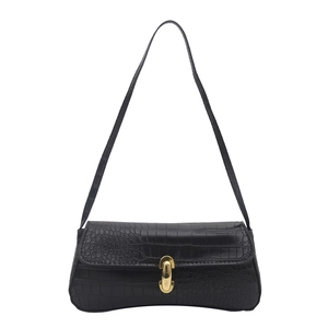Classic black crocodile pattern leather underarm shoulder bag with golden U-shaped clasp