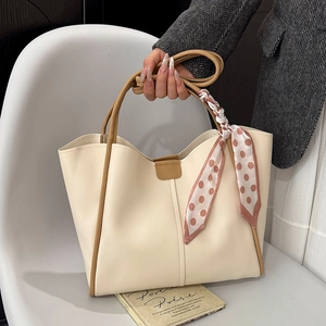 PU Leather Tote Bag Large Capacity Women Handbag Inner Pouch Polka Dot Scarf Decor Simple Urban Commuting Shoulder Bag