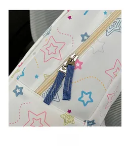 Detail of multi-color star patterns and smooth dual zipper with blue pull cords