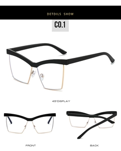 Detailed multi-angle views of cat-eye semi-rimless frames in black and gold metal finish