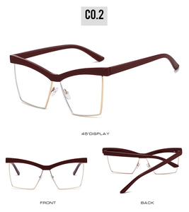 Three-angle display of cat-eye half-frame glasses in burgundy and gold metal finish