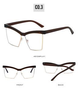Three views of cat eye semi-rimless metal glasses frames with blue light blocking lenses
