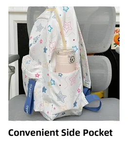 Detail of waterproof backpack side pocket with water bottle on striped chair