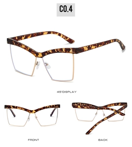 Three-angle views of cat-eye semi-rimless glasses in tortoiseshell and gold metal finish