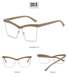 Three-view display of cat eye half-rim glasses with khaki frame and gold metal accents