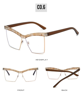 Three-way view of cat-eye glasses frame with marble texture and gold metal rim detail