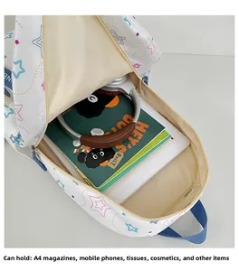 Interior view showing the large capacity of a white backpack holding A4 magazines and items