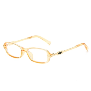 Modern rectangular amber resin glasses with gold metal temples and transparent lenses