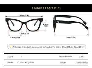 Guide des tailles détaillé pour lunettes anti-lumière bleue œil de chat avec dimensions du cadre