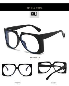 Three-angle detail of oversized black square frames with anti-blue light coating