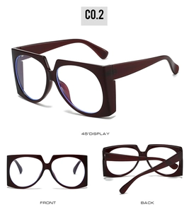 Three-view display of thick square frames with burgundy color and bold geometric design