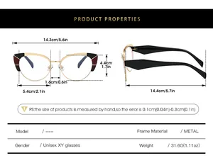 Detailed size chart for cat eye blue light glasses with metal frame measurements