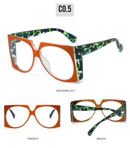 Three-angle view of oversized orange square frames with blue camo pattern temples