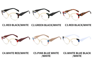Cat-eye blue light blocking glasses frames in C1 to C6 multi-color geometric patterns