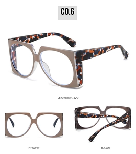 Detailed views of oversized square glasses with light brown frames and colorful temples