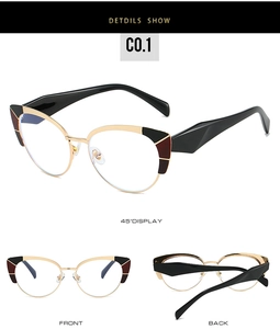 Detailed views of luxury gold and black cat eye glasses frames with anti-blue light lenses