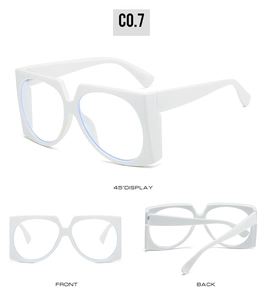 Macro view of oversized white retro frame glasses with anti-blue light coating