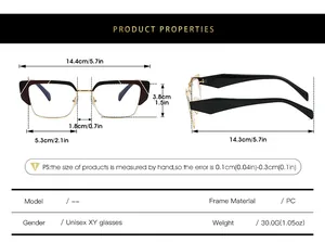 Detailed size guide showing frame width, lens dimensions, and temple length for PC glasses