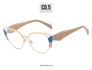 Detailed 45-degree view of cat-eye frames with colorful accents and tan temples